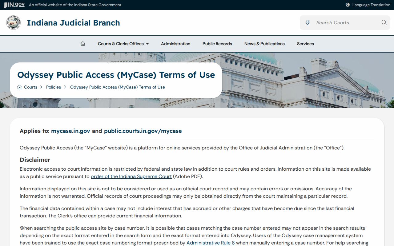 Bartholomew County docket search limits in MyCase terms