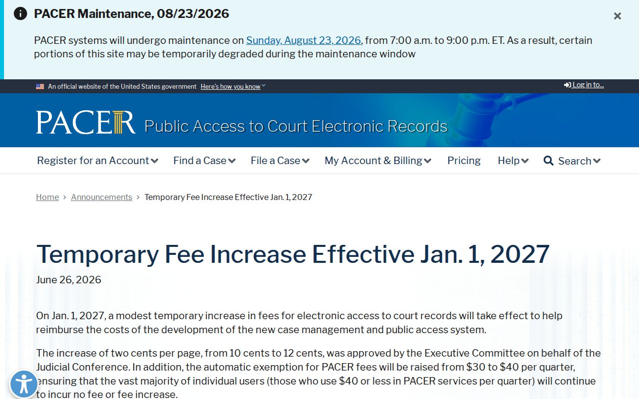 PACER 2027 fee notice for federal Clifford court records