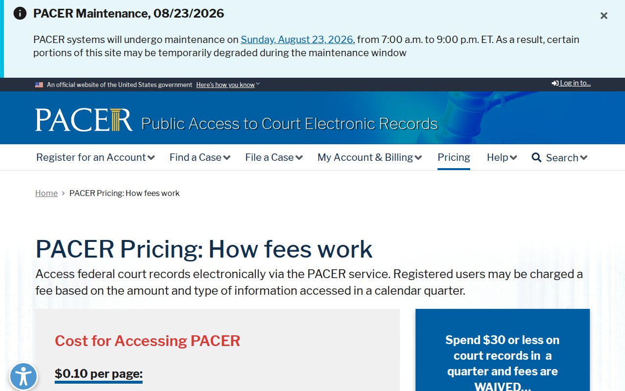 PACER pricing for federal Clifford court records