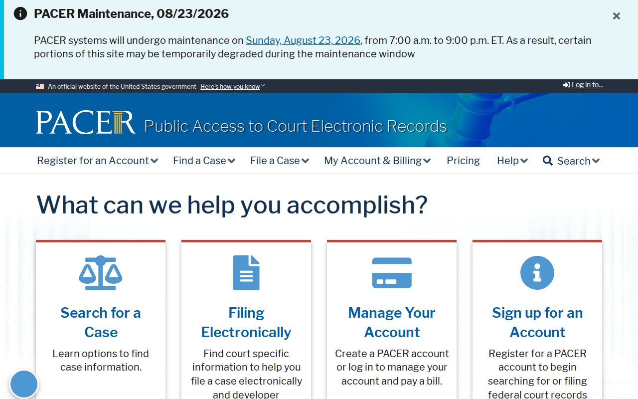 PACER public access for federal Clifford court records