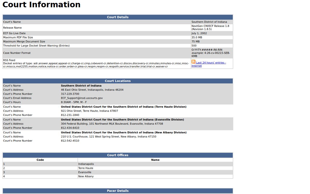 Southern Indiana CM ECF information for federal Clifford court records