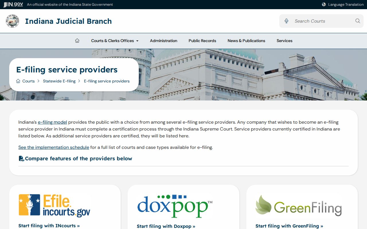 Certified provider list for filing Columbus court records in Indiana courts