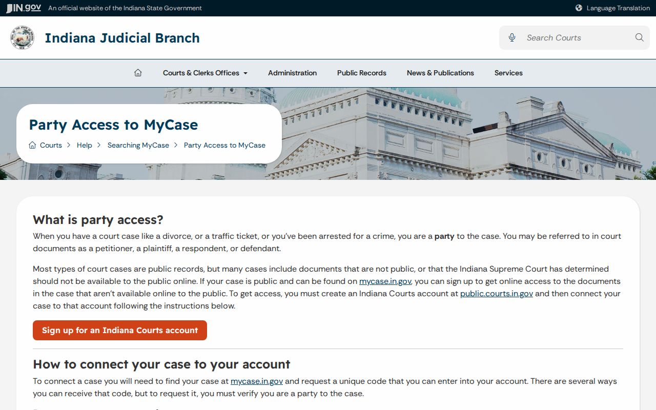 MyCase party access for a party to Hope court records