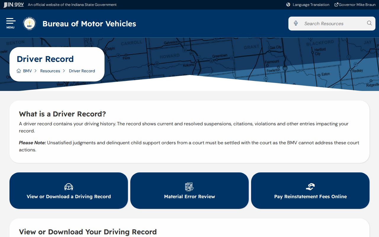 Indiana BMV record service distinguished from Bartholomew County traffic court records